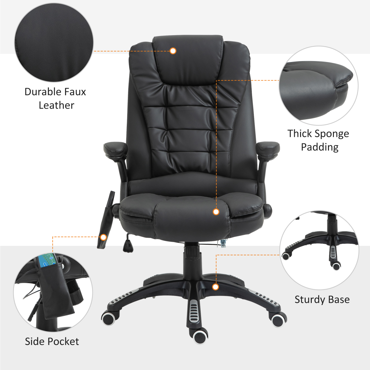 Black PU Leather Executive Reclining Office Chair with Massage & Heat