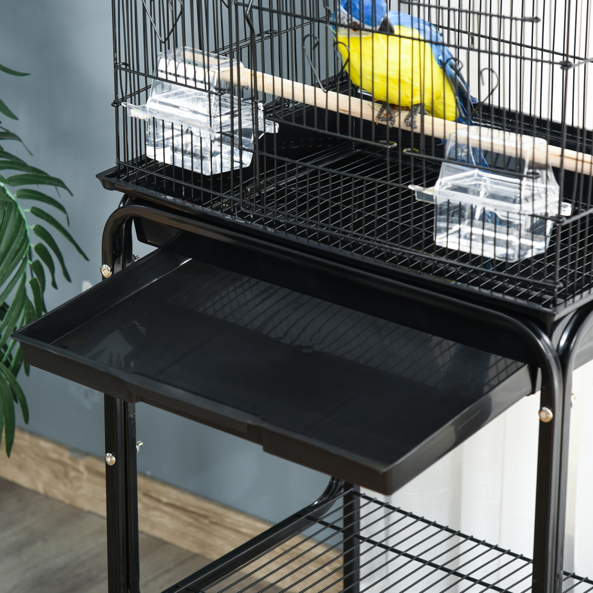 PawHut Metal Bird Cage with Rolling Stand, Slide-Out Tray and Storage Shelf, Black