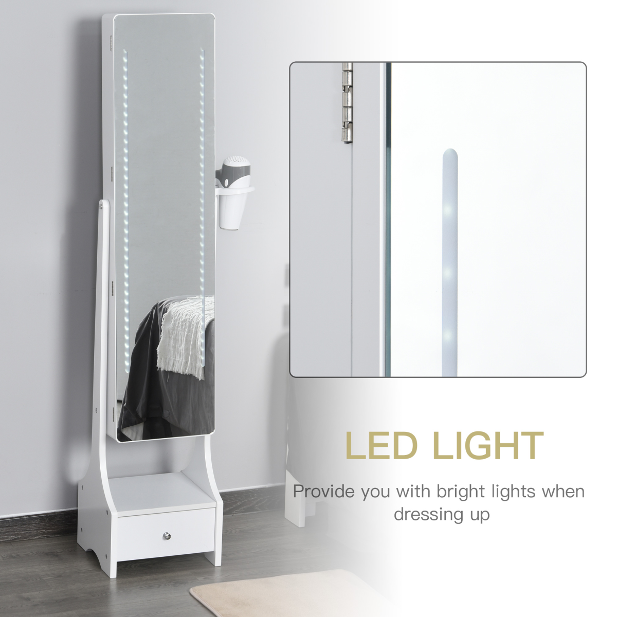 Freestanding Jewellery Armoire Mirror with LED Lights, Hooks & Drawer