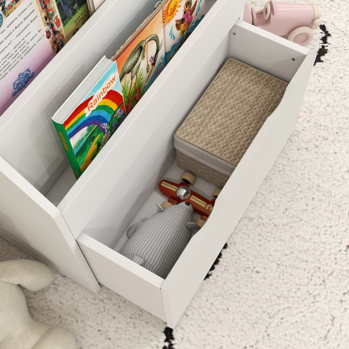 AIYAPLAY Kids Bookcase with 3-Tier Shelves and Drawer, White