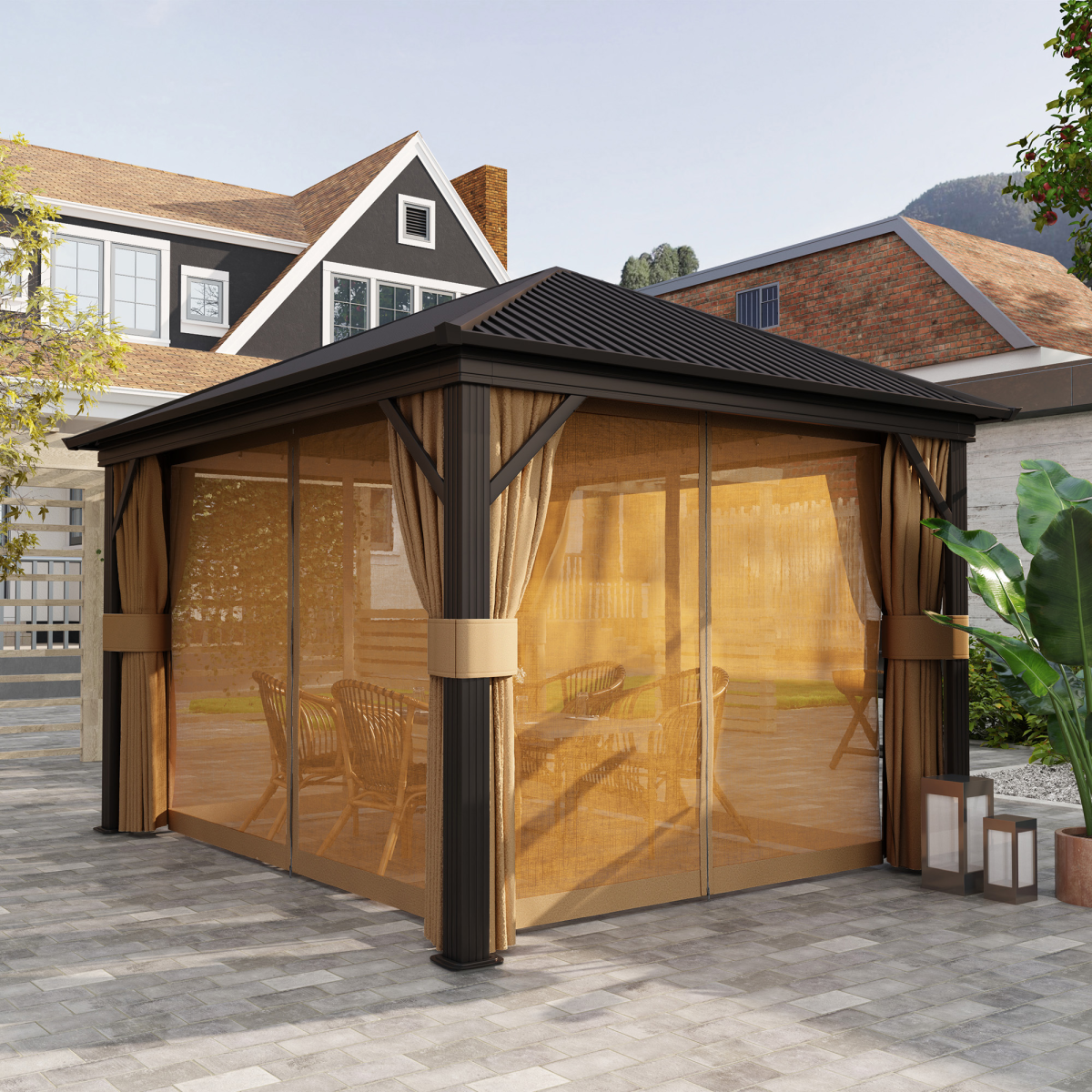 Outsunny 3.63 x 3m Metal Hardtop Garden Gazebo with Screened Curtains, Brown