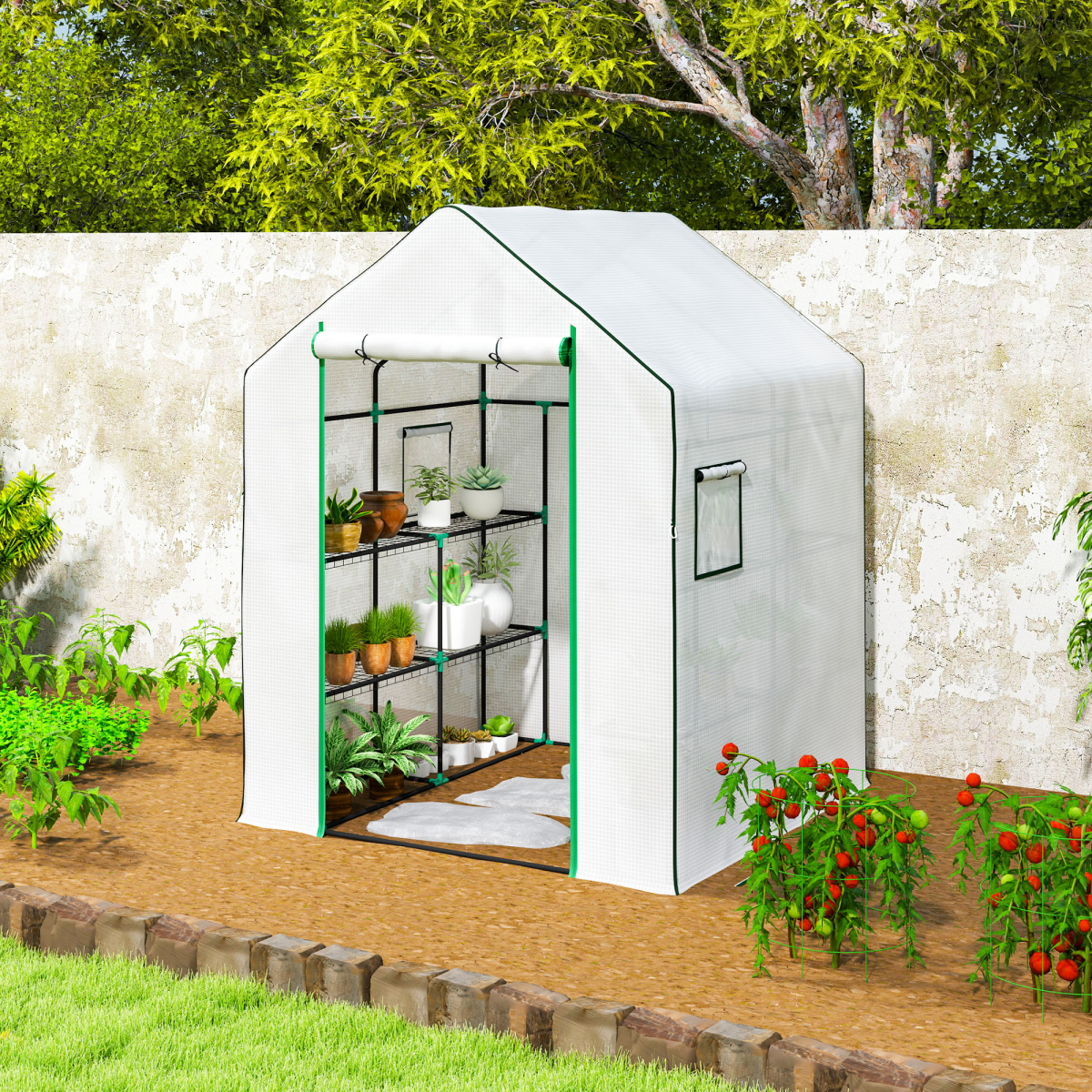 Outsunny Walk-In Greenhouse with 8 Shelves, White