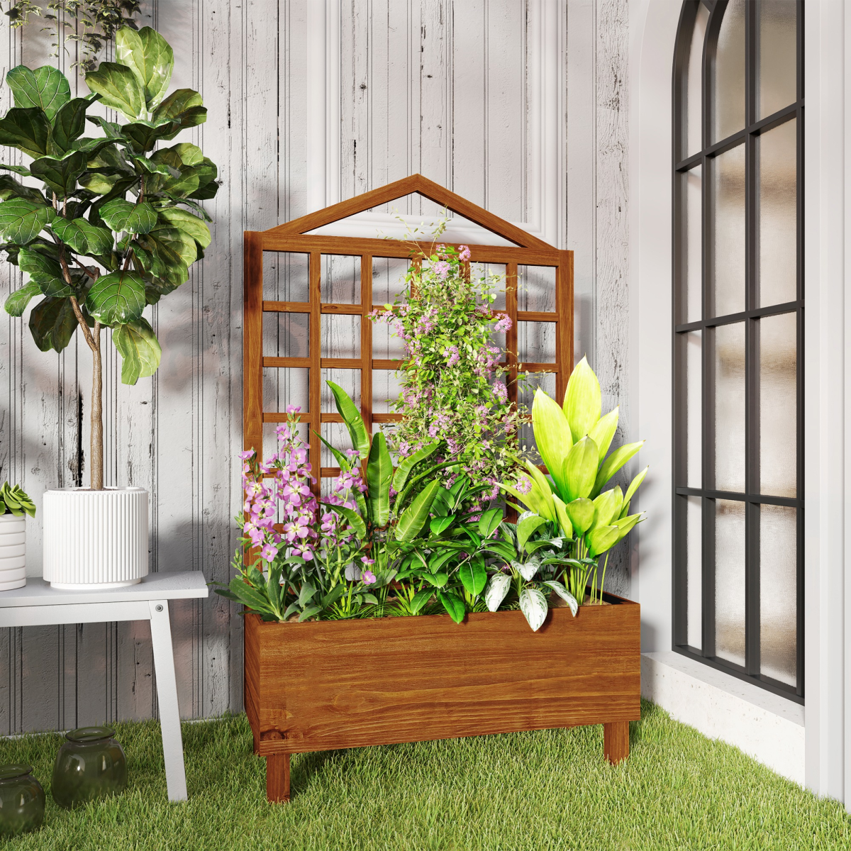 Outsunny Wooden Garden Planter Box with Trellis, Brown