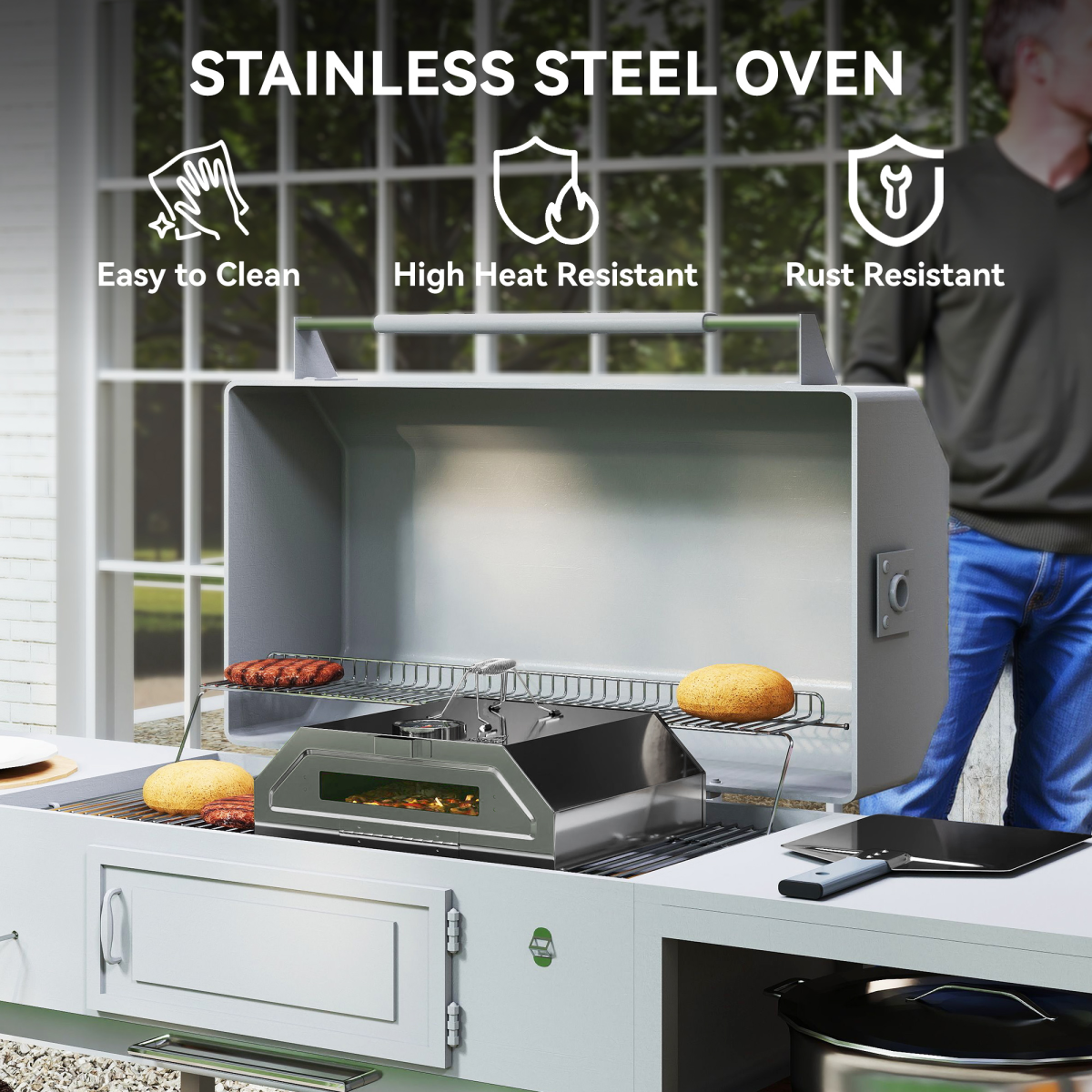 Outsunny Stainless Steel BBQ Pizza Oven with Thermometer and Window