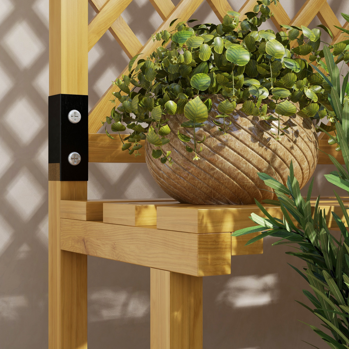 Outsunny Wooden Plant Stand with Trellis, 2-Shelf Flower and Plant Display, Yellow