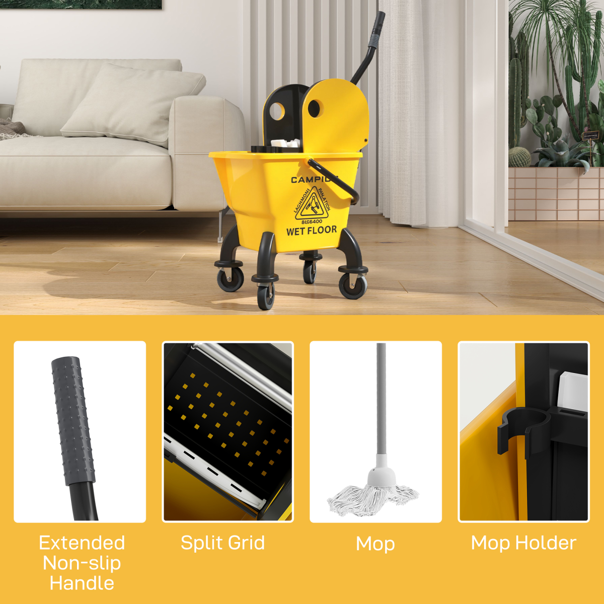 HOMCOM 26L Mop Bucket with Wringer, Wheels, Mop Included, Yellow