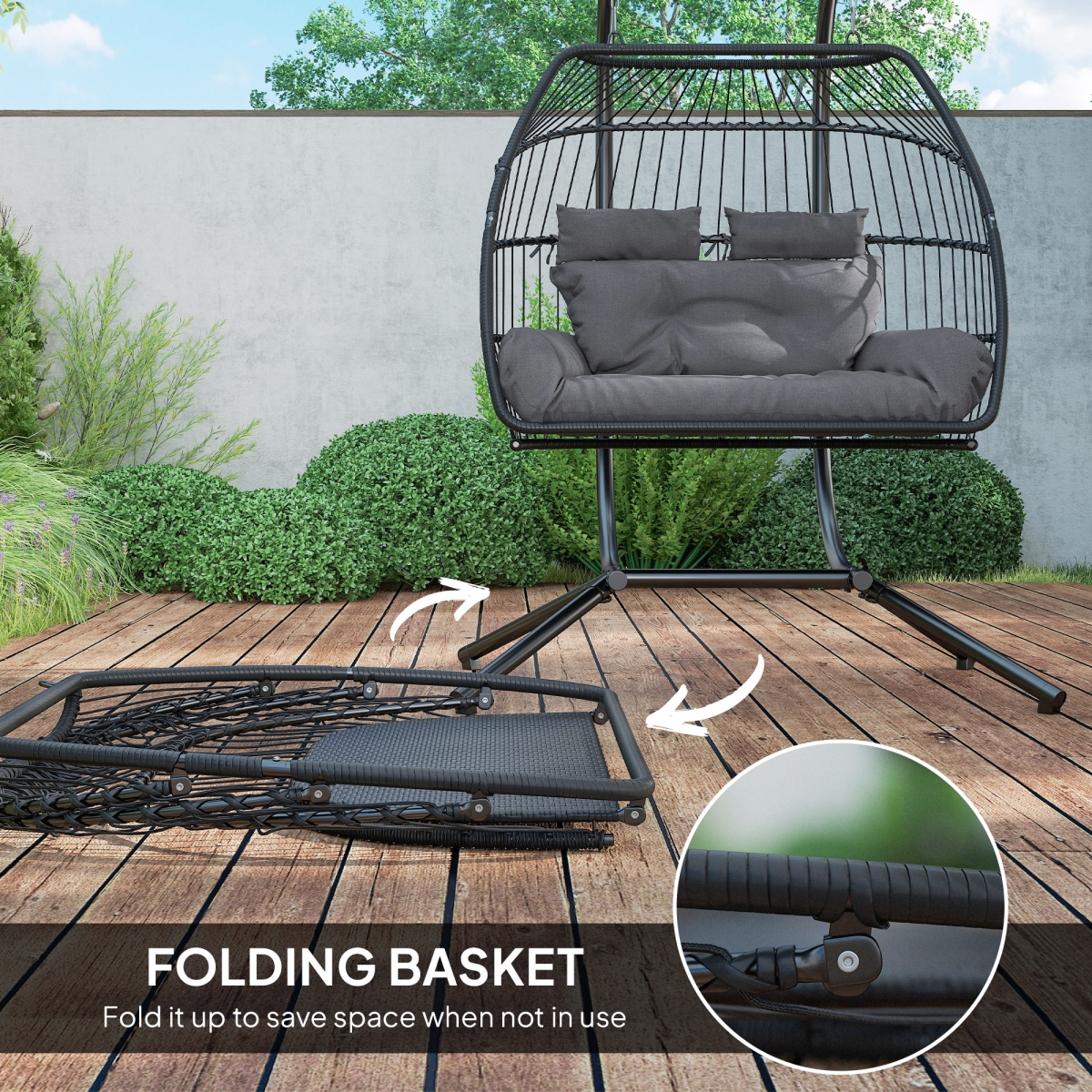 Outsunny Double Rattan Hanging Egg Chair with Stand, Cushion, Dark Grey