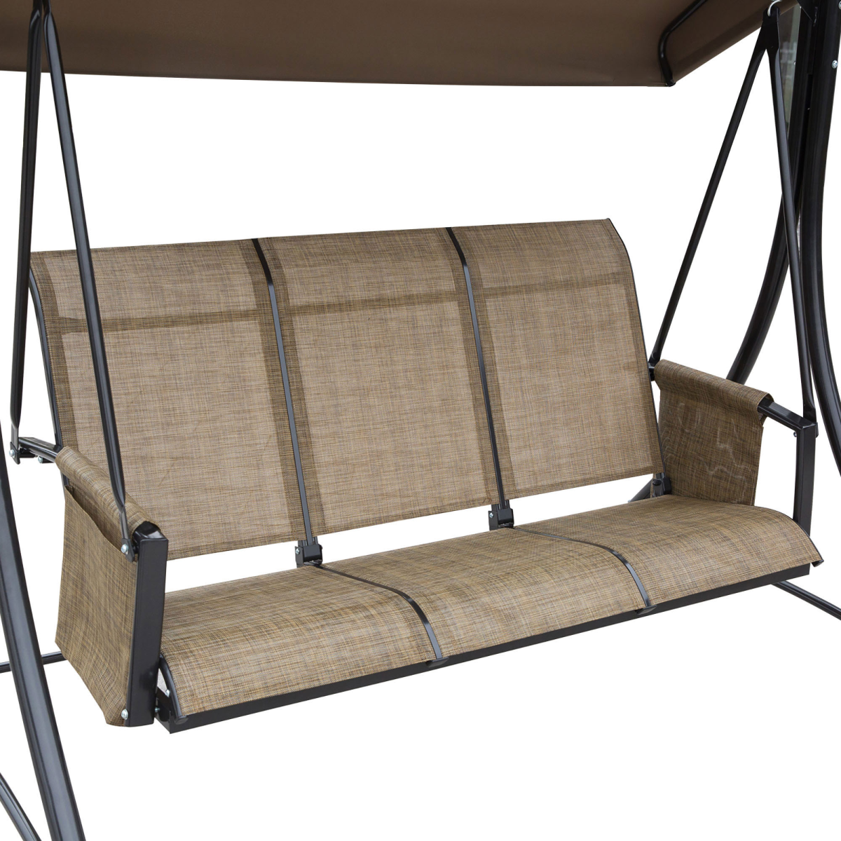 Outsunny 3-Person Swing Chair with Adjustable Canopy, Side Pockets and High Back, Brown
