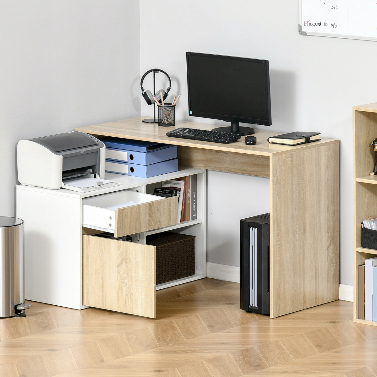 HOMCOM L-Shaped Corner Computer Desk with Cabinet, Drawer and Shelves, Oak and White