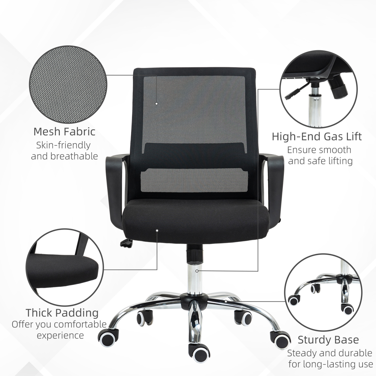 Vinsetto Mesh Office Chair with Swivel Seat, Adjustable Height, Black