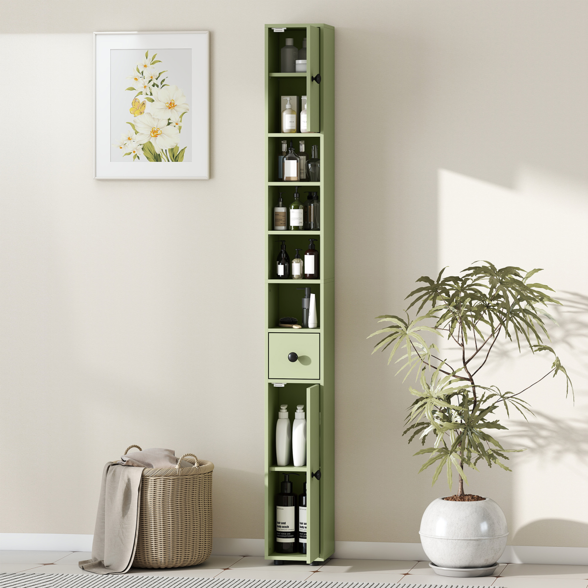 kleankin Slim Bathroom Storage Cabinet with Drawer & Open Shelves, Green