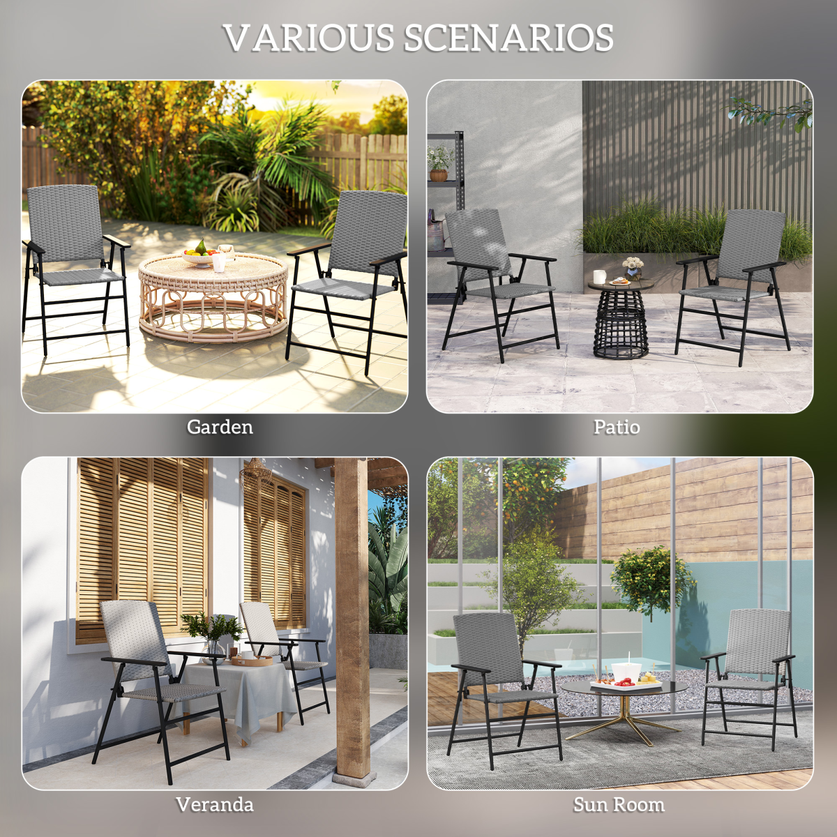 Outsunny 2-Piece Foldable Rattan Garden Chairs with Armrests, Grey