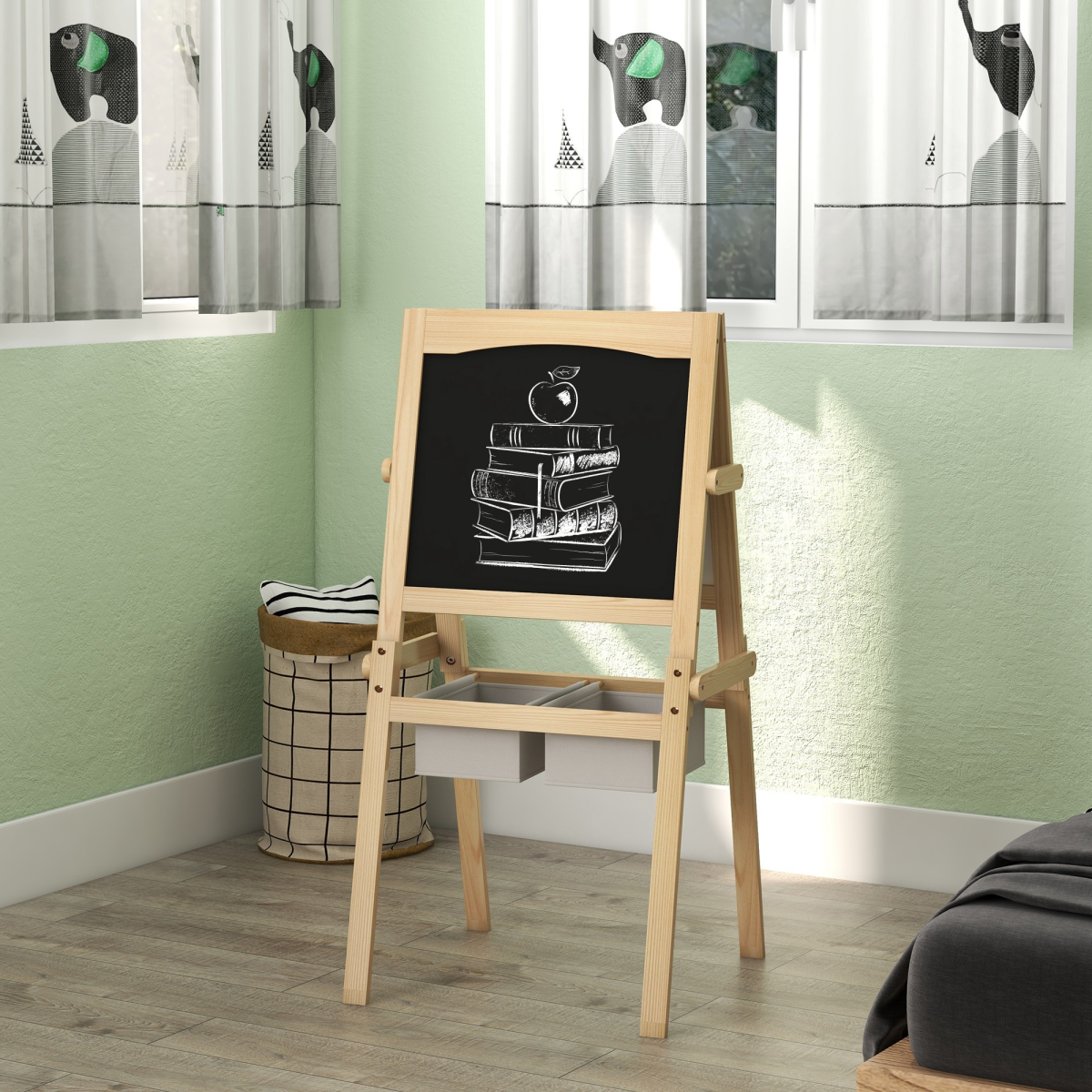 AIYAPLAY 3-in-1 Kids Easel with Paper Roll & Baskets, Natural