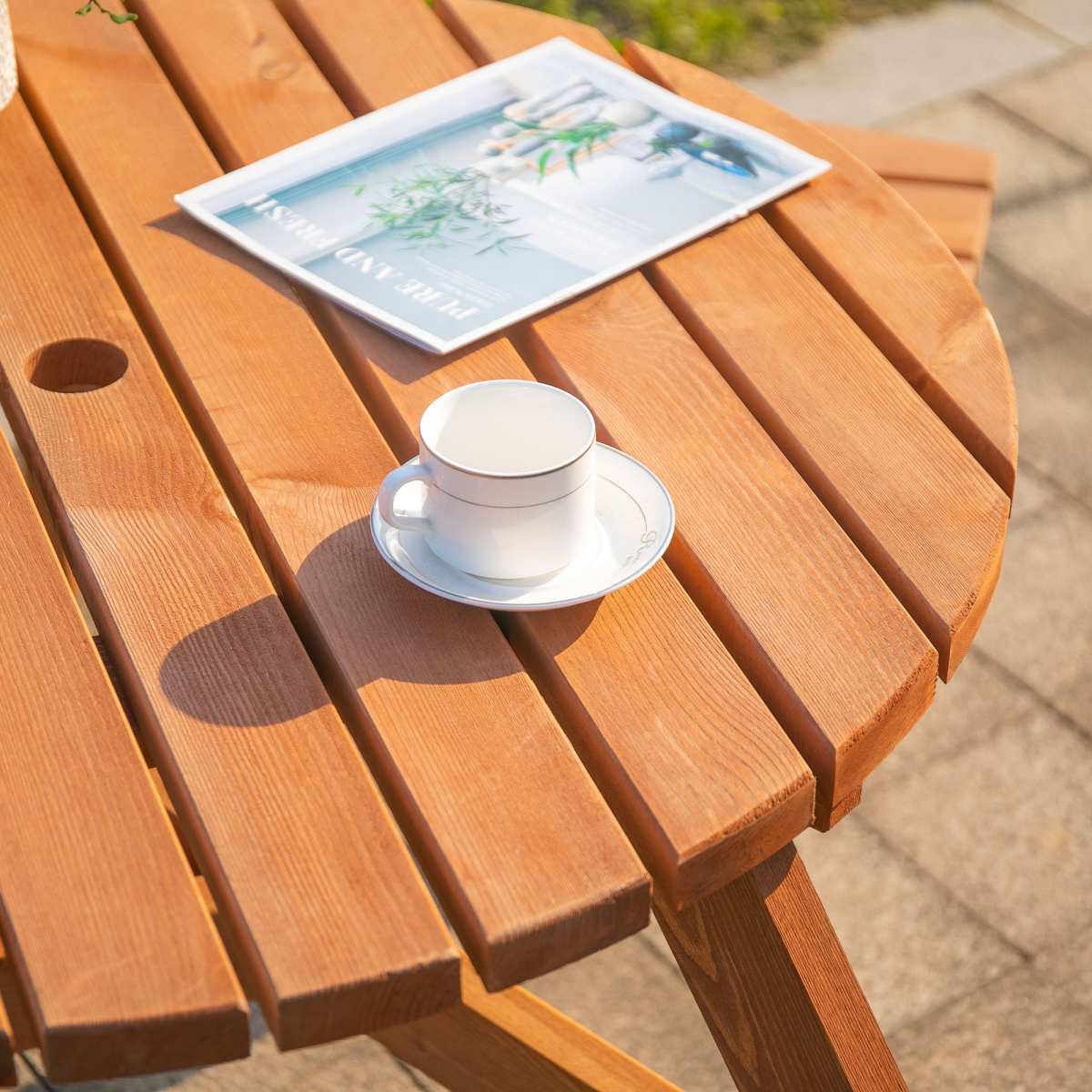 Outsunny Round Wooden Table with 3 Attached Benches and Umbrella Hole, Fir Wood, Outdoor Garden Use