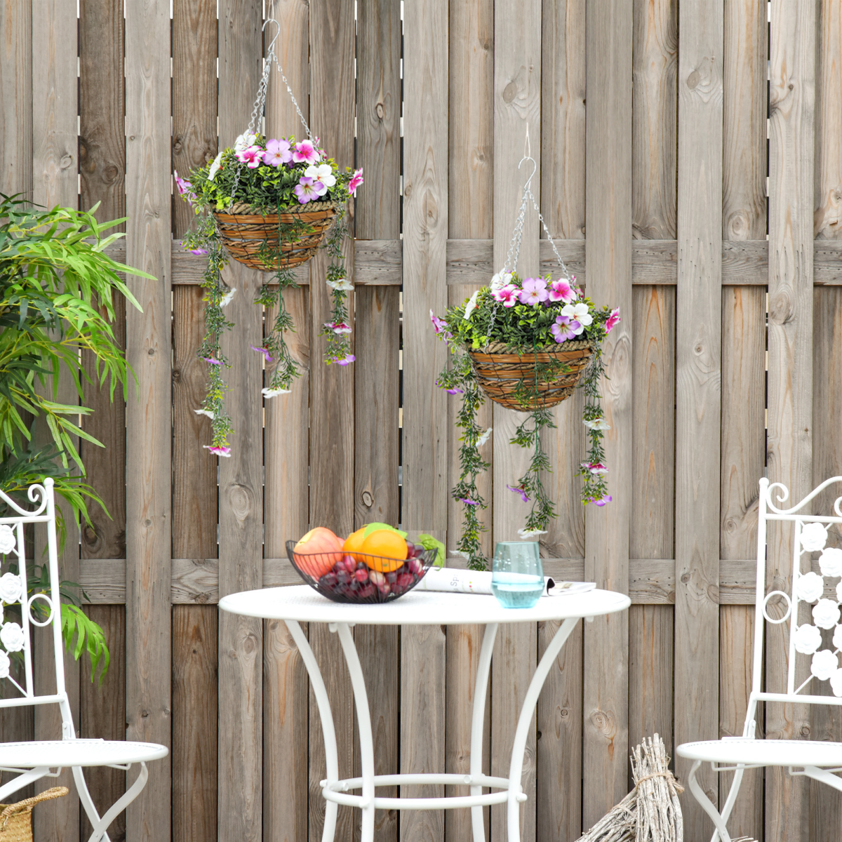 HOMCOM Set of 2 Artificial Azalea Hanging Plants with Basket