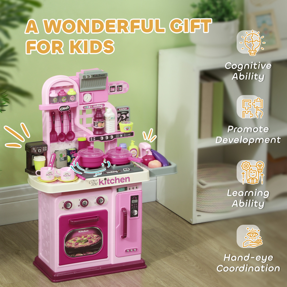 AIYAPLAY Kids Kitchen Playset, 33-Piece, Lights, Sounds, Storage