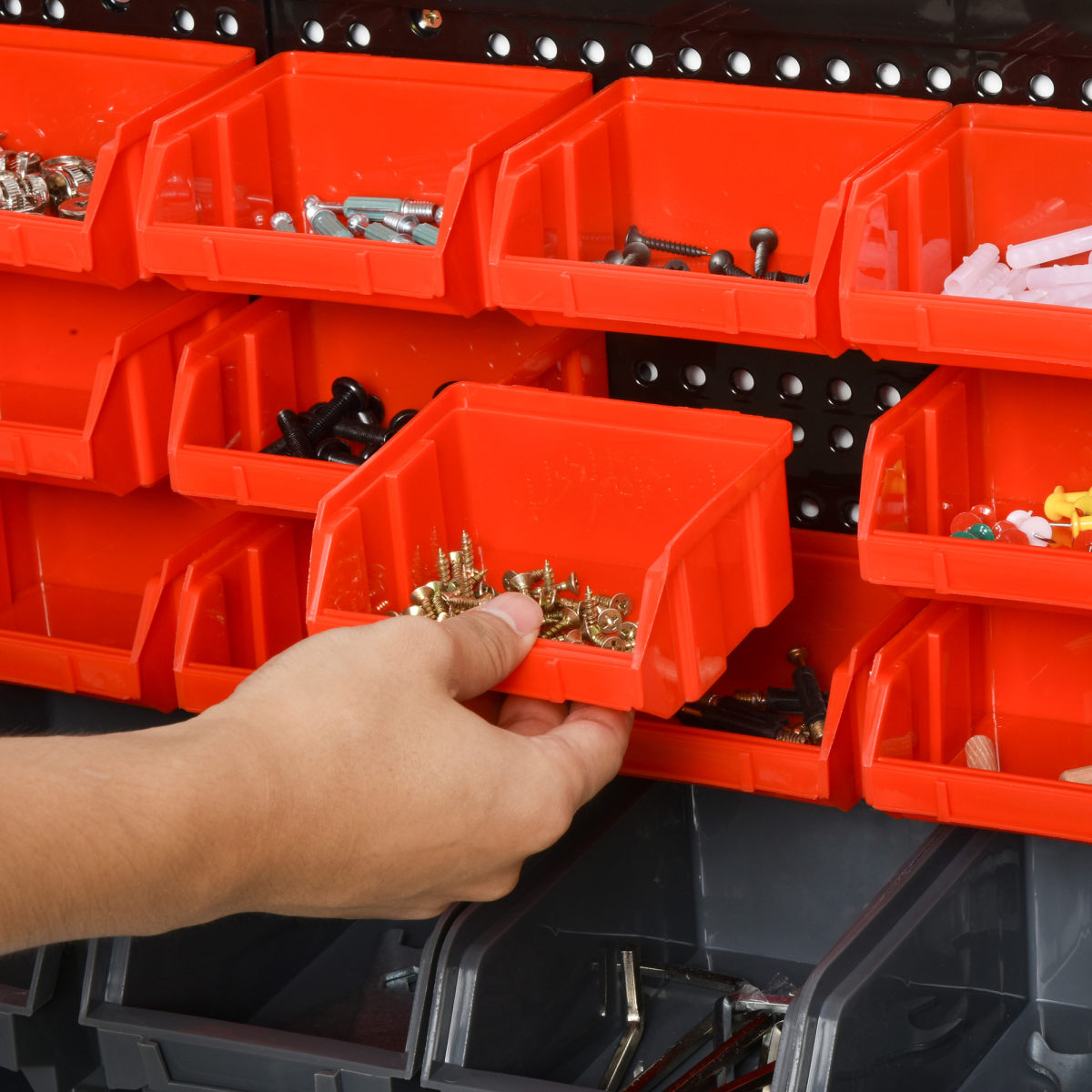 DURHAND Wall Mounted Plastic 30-Compartment Tool Hardware Organiser with Pegboard and Storage Cubbies