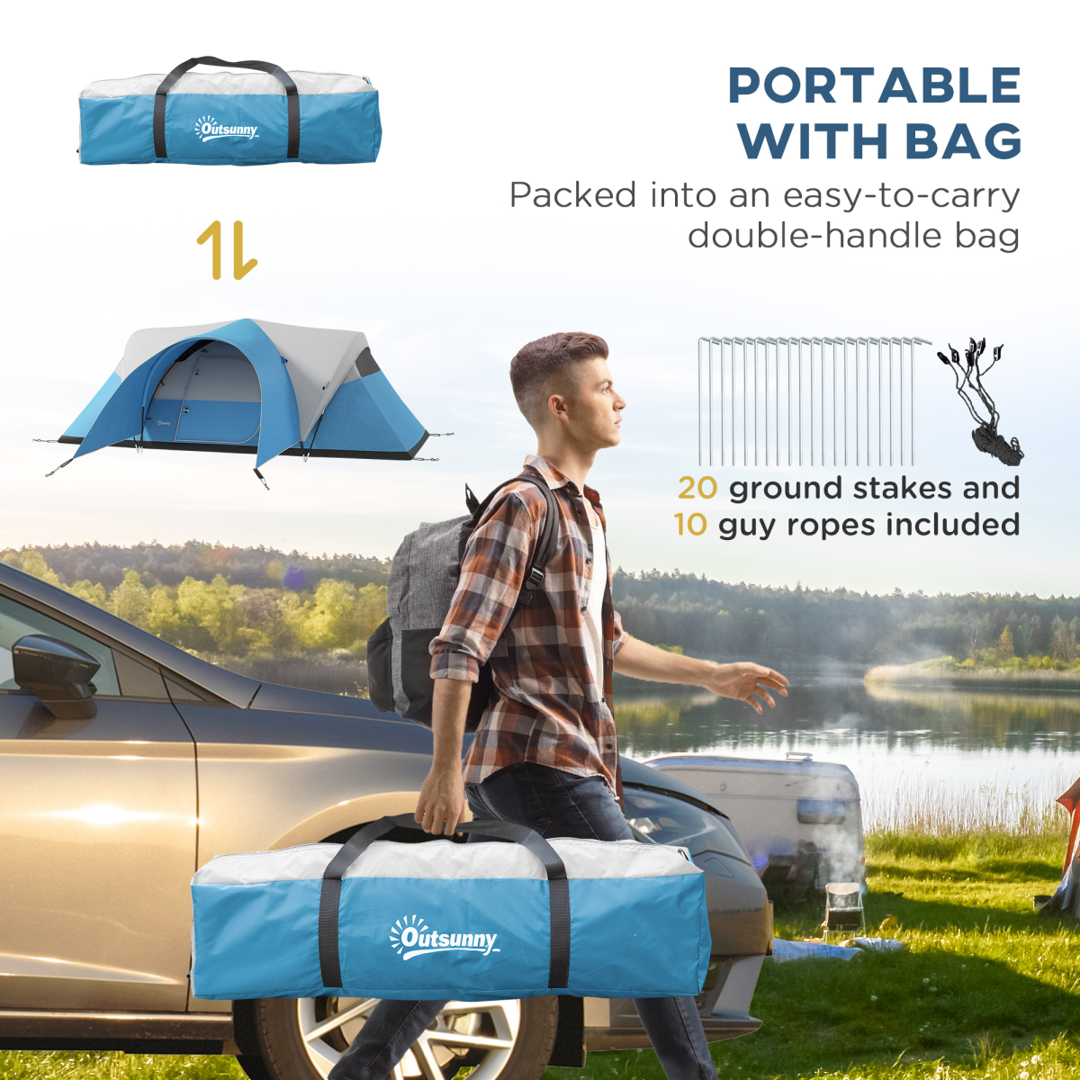 Outsunny 5-6 Person Waterproof Camping Tent with Porch & Groundsheet, Blue