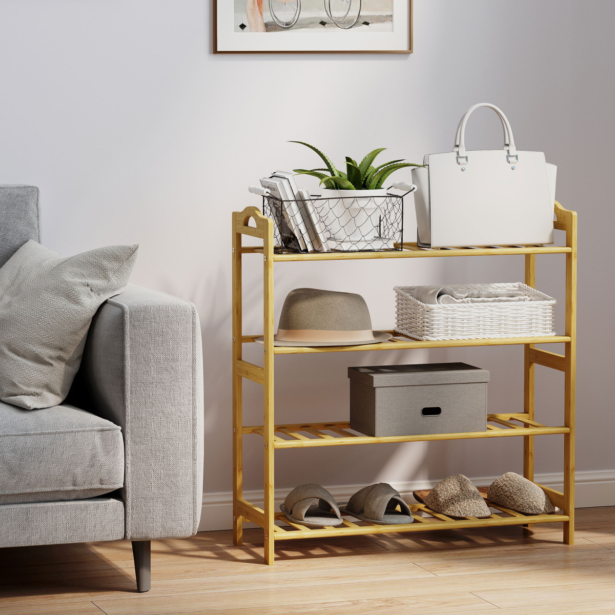 HOMCOM 4-Tier Bamboo Shoe Rack Shelf Stand, Natural Finish