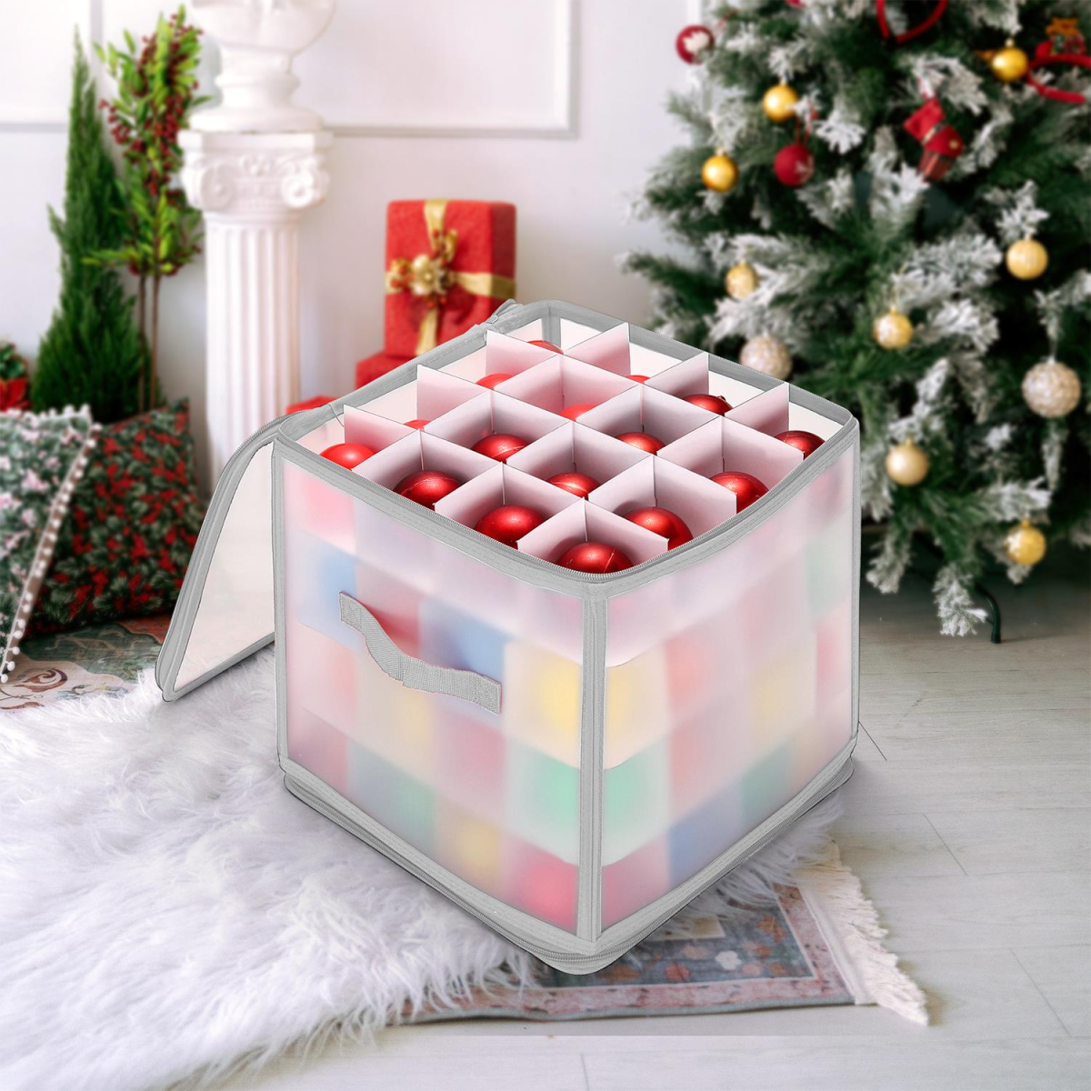 Vinsani Grey Christmas Bauble Storage Box for Up to 64 Baubles