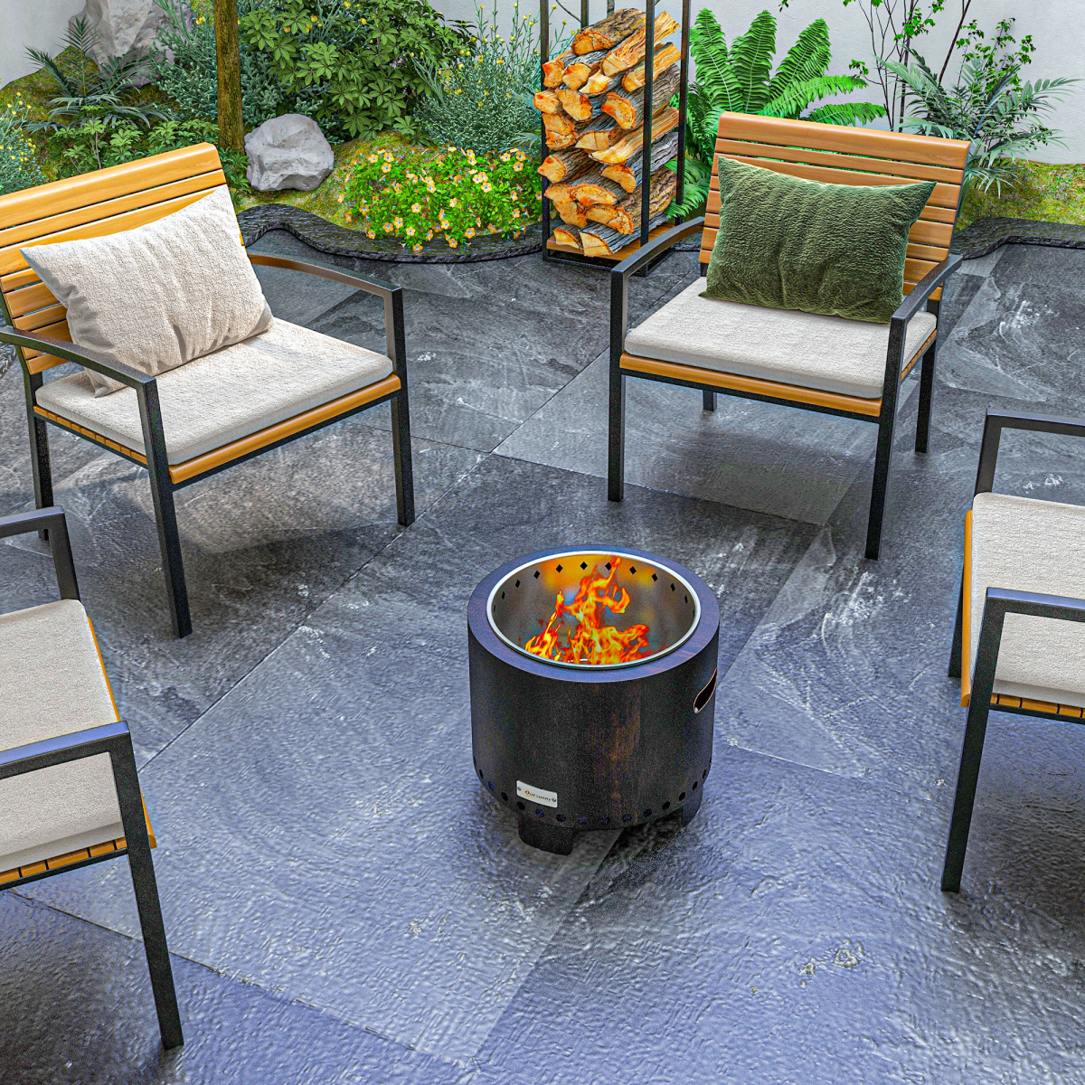 Outsunny 45cm Smokeless Wood Burning Metal Fire Pit with Poker, Black