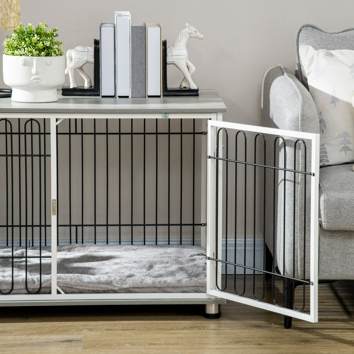 PawHut Dog Crate Furniture End Table with Washable Cushion, Lockable Door