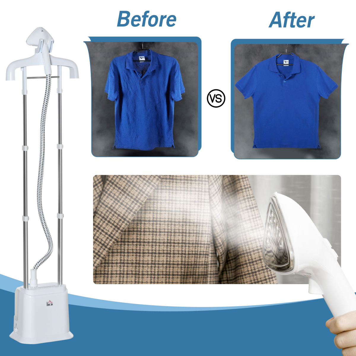 HOMCOM Upright Garment Steamer, 45-Second Heat-Up, 1.7L Removable Water Tank, 45-Minute Steam, White