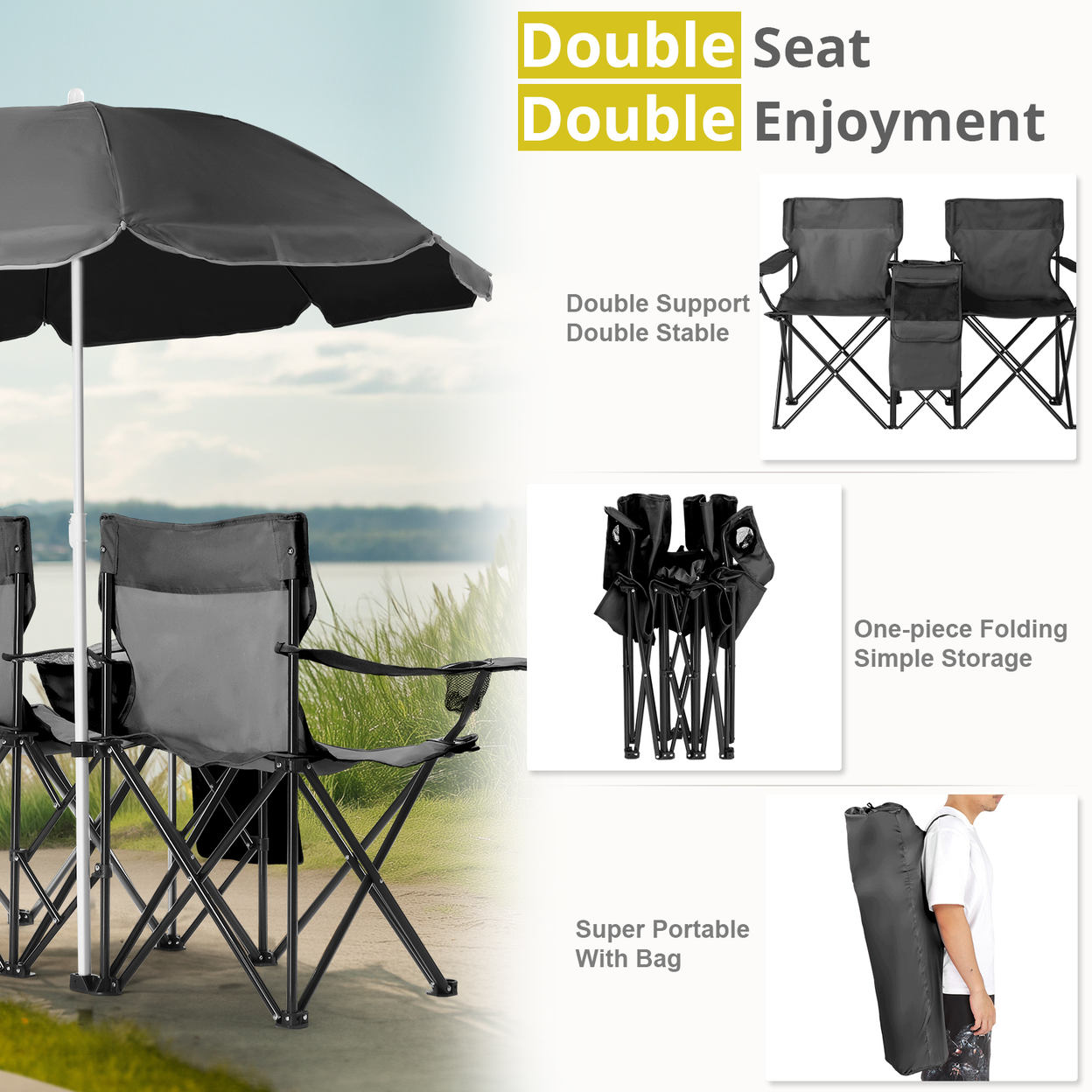 Portable Outdoor 2-Seat Folding Chair with Removable Sun Umbrella, Black