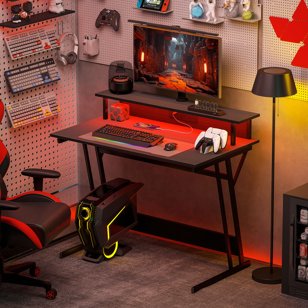 HOMCOM RGB LED Gaming Desk with Power Outlets & Monitor Stand, Black