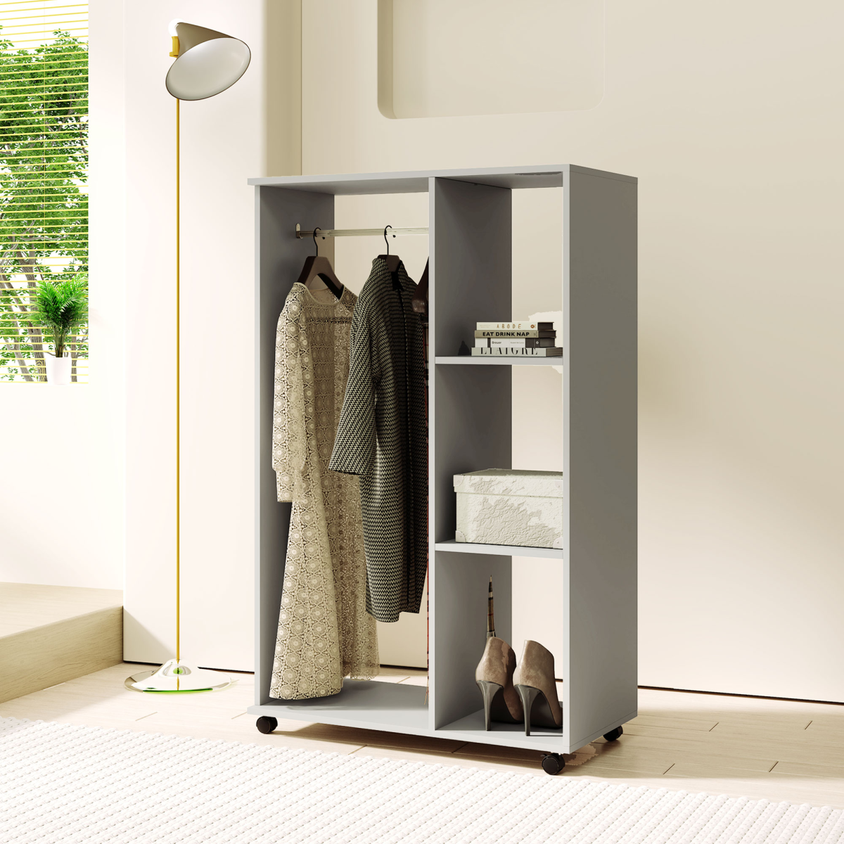 HOMCOM Rolling Open Wardrobe with Hanging Rail & Shelves, Grey