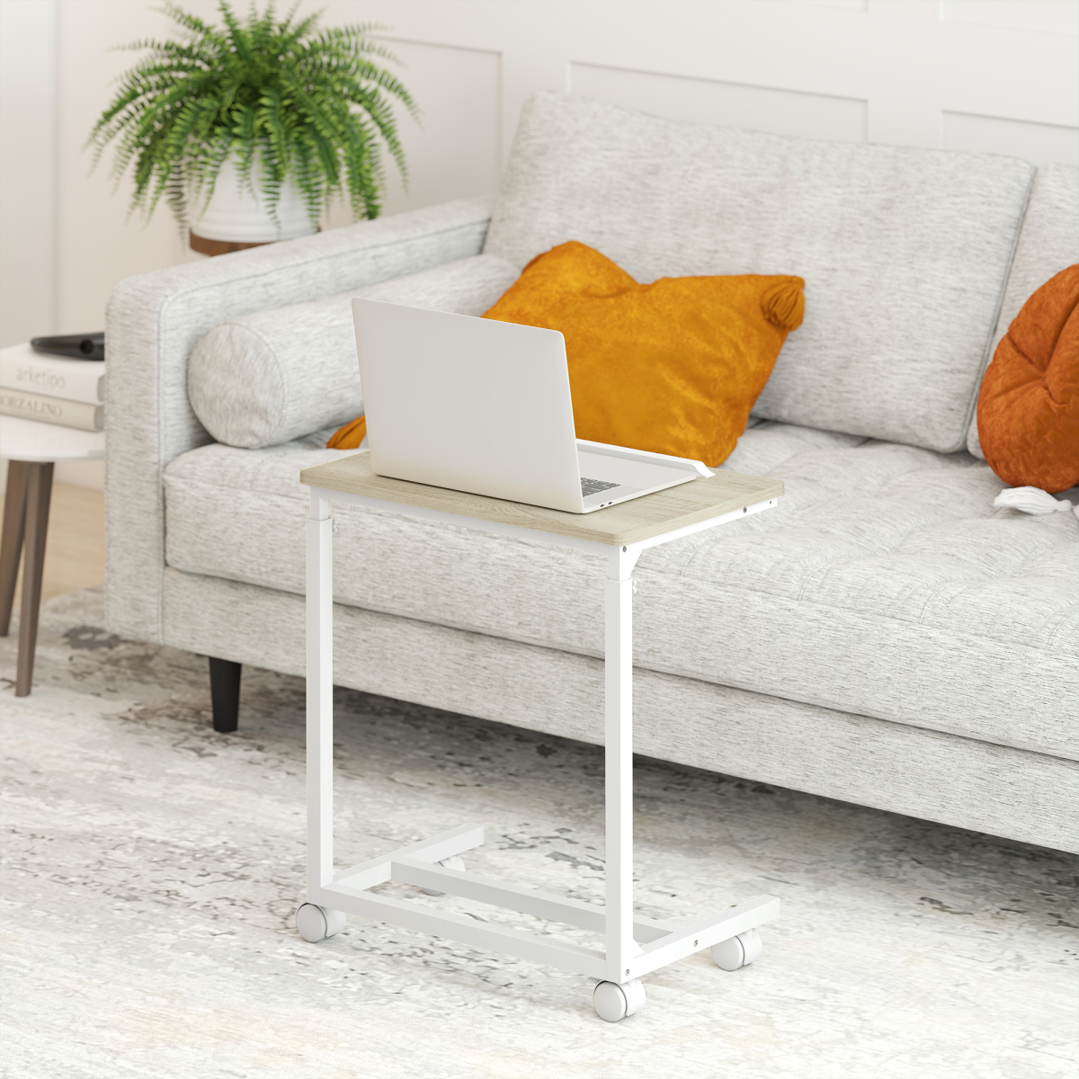 HOMCOM Height Adjustable C-Shaped Side Table with Casters, Oak