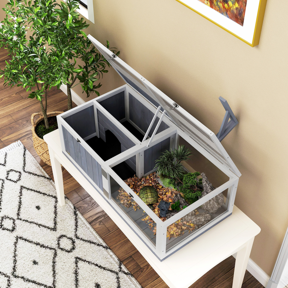 PawHut Wooden Tortoise House with Lamp Holder, Clear Windows