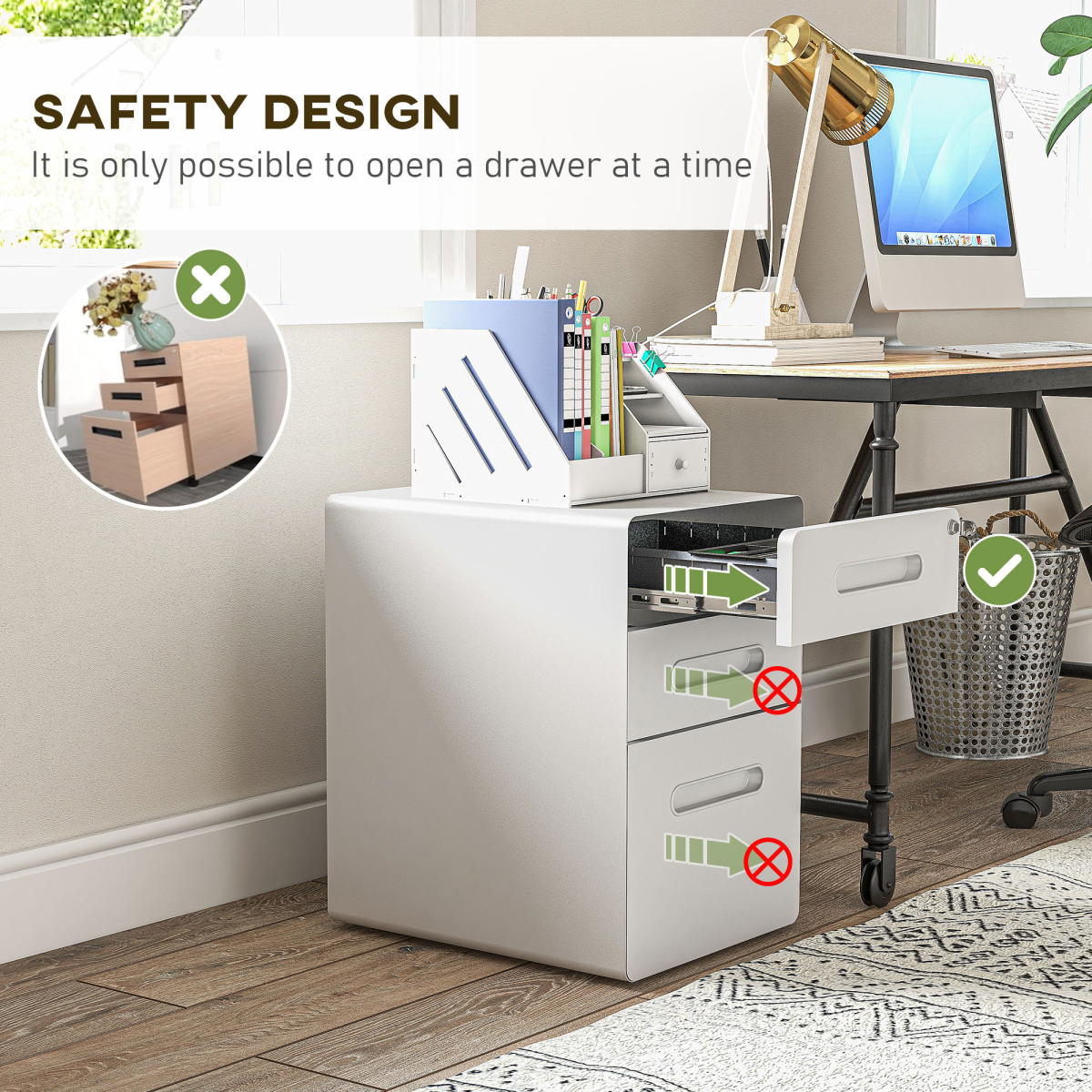 Modern 3-Drawer Steel Filing Cabinet with Lock, 4 Wheels, Pencil Box, White