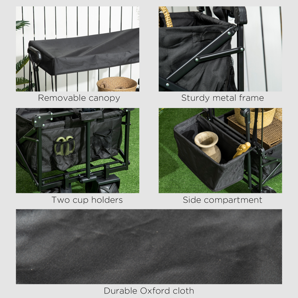 Outsunny Folding Trolley Cart Wagon with Canopy, 4 Wheels, Black