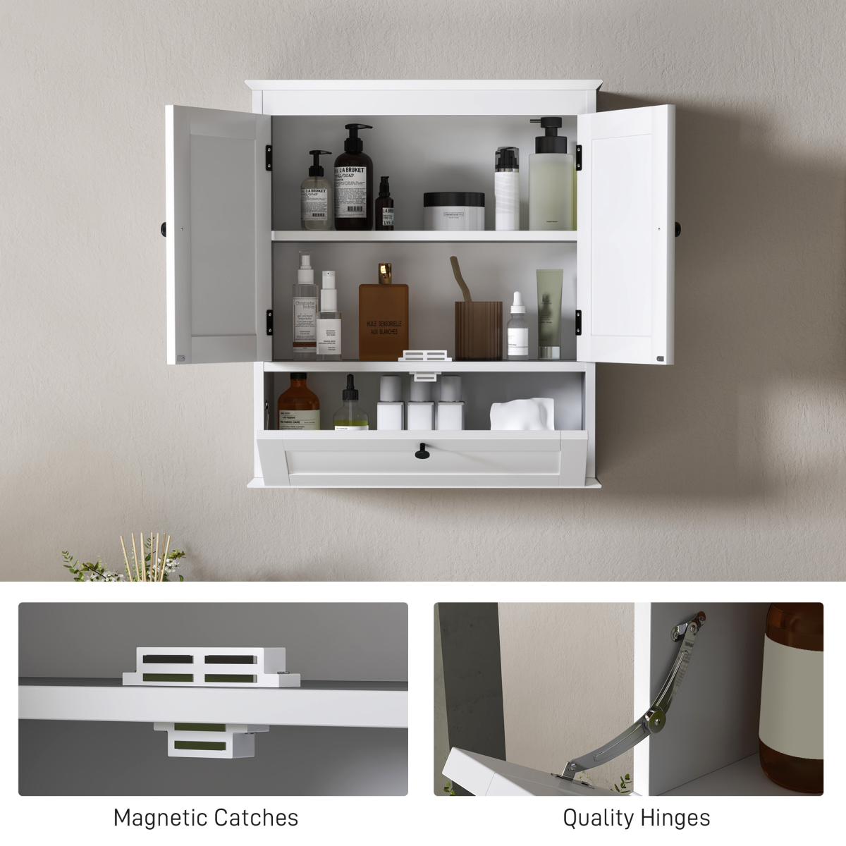 HOMCOM Wall Mounted Bathroom Cabinet with Adjustable Shelf, White