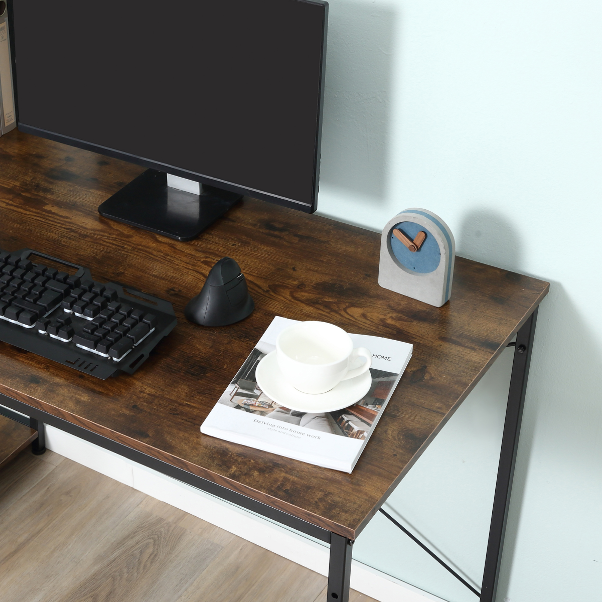 HOMCOM Computer Desk with 4-Tier Bookshelf, Home Office Study Workstation, Reversible Left or Right Shelf, Chipboard and Steel Frame
