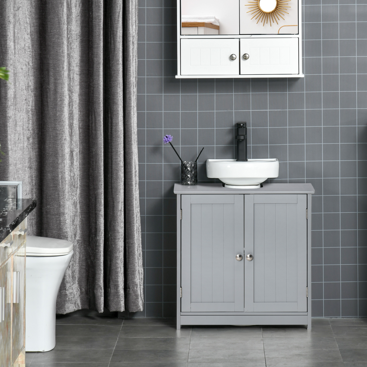 kleankin Under Sink Storage Cabinet 60 x 60cm Adjustable Shelf U-Shaped Pipe Cut-Out Grey