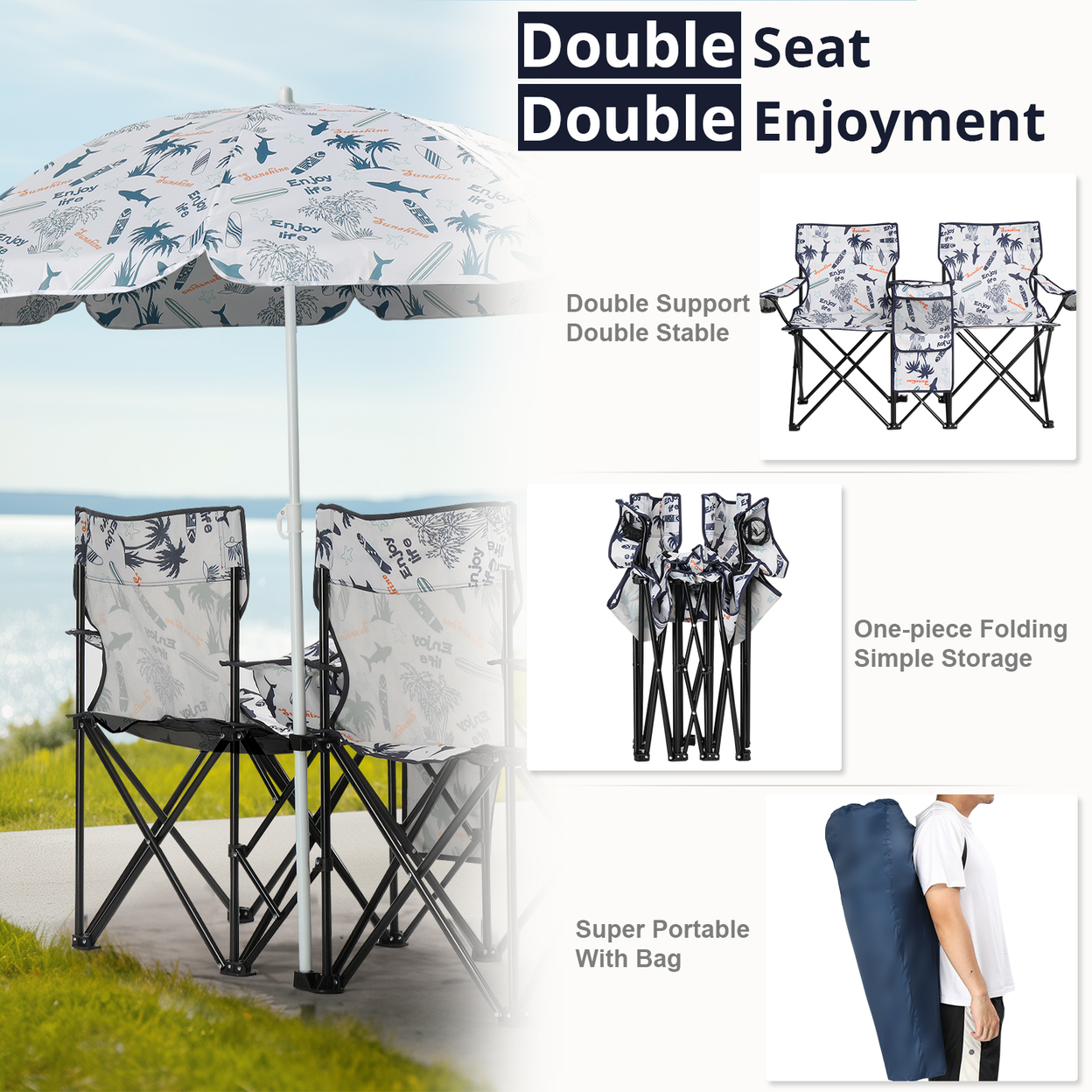 Portable Outdoor 2-Seat Folding Chair w/ Removable Sun Umbrella Coconut Tree (HTML)