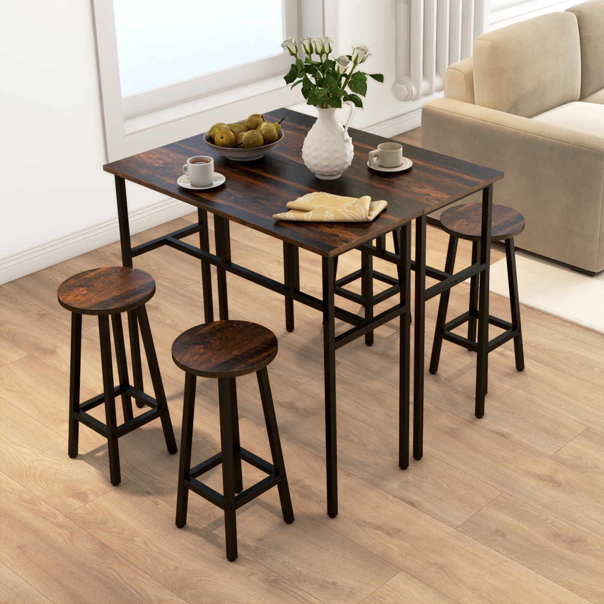 HOMCOM 6-Piece Industrial Bar Table Set, 2 Tables 4 Stools, Brown