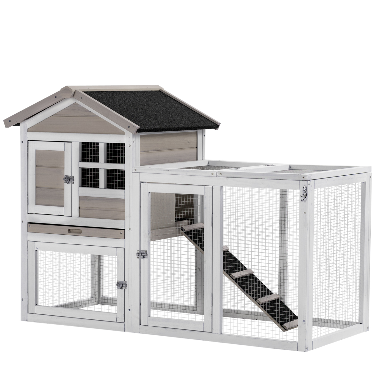 PawHut 2-in-1 Wooden Rabbit Hutch with Double House, Run Box & Tray