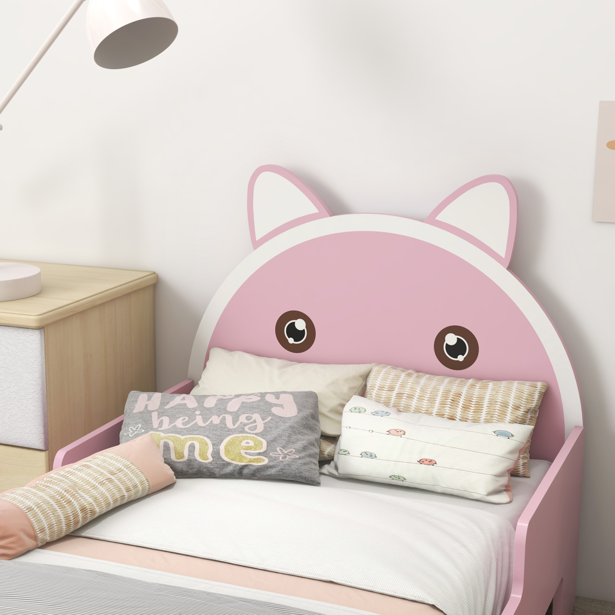 ZONEKIZ Toddler Bed Frame, Cat Design Kids Bed with Guardrails, Pink