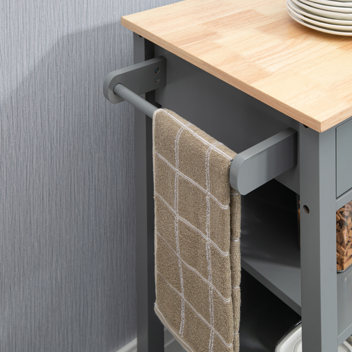 HOMCOM Grey Kitchen Trolley Cart with Wooden Worktop, Drawer, Cupboard, Shelves and Wheels