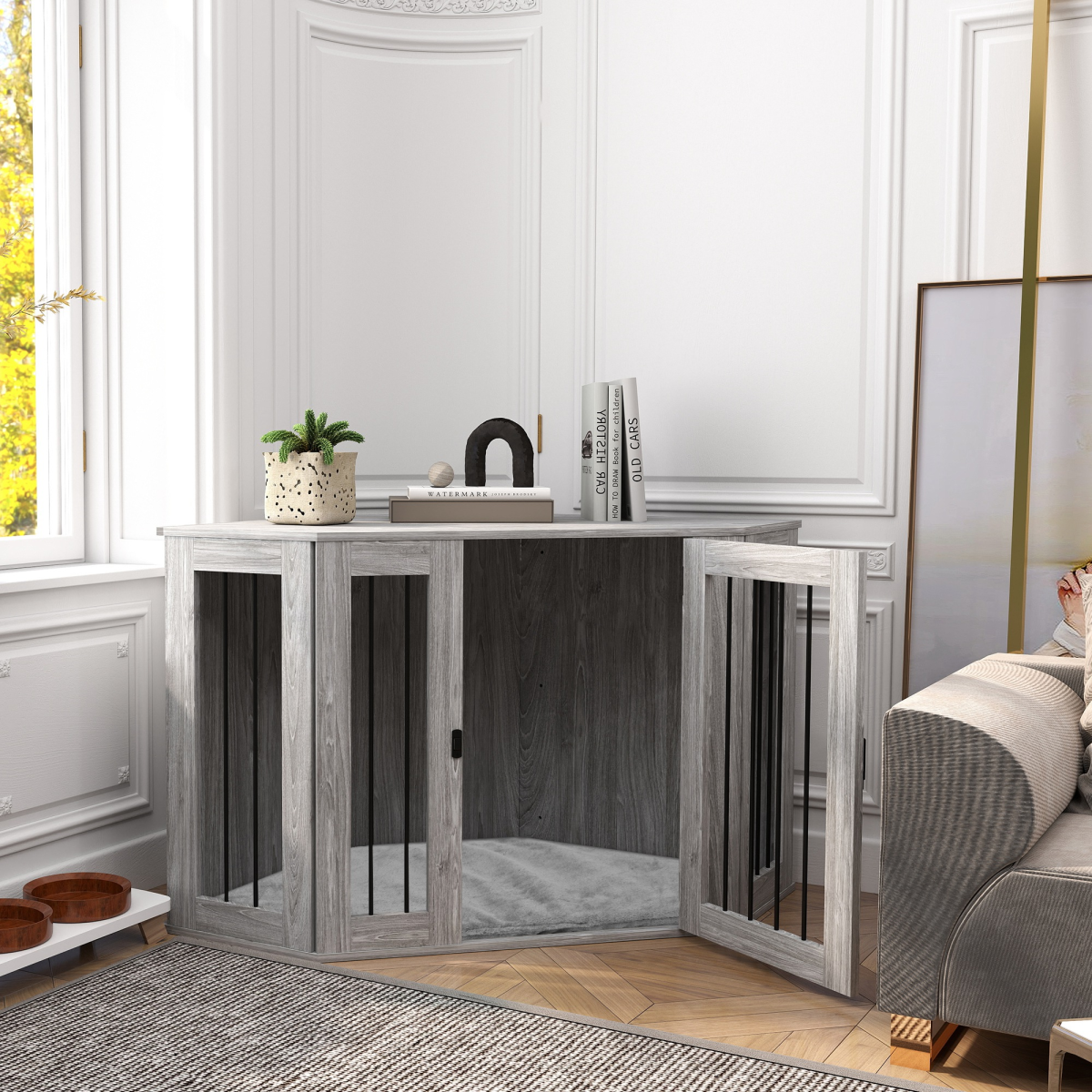 PawHut Dog Crate Furniture Side Table with Cushion - Grey