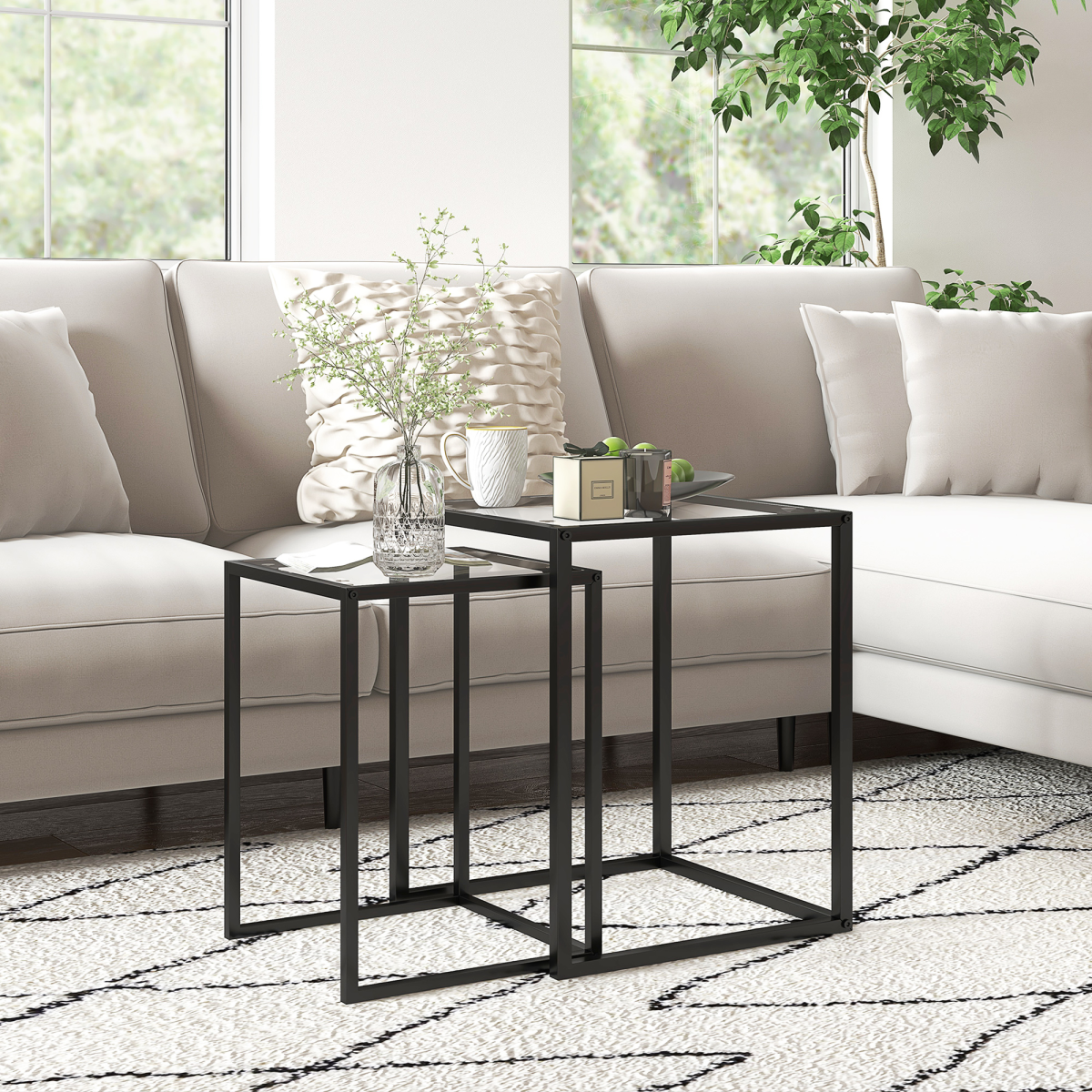 HOMCOM 2-Piece Nesting End Tables with Tempered Glass Top, Black