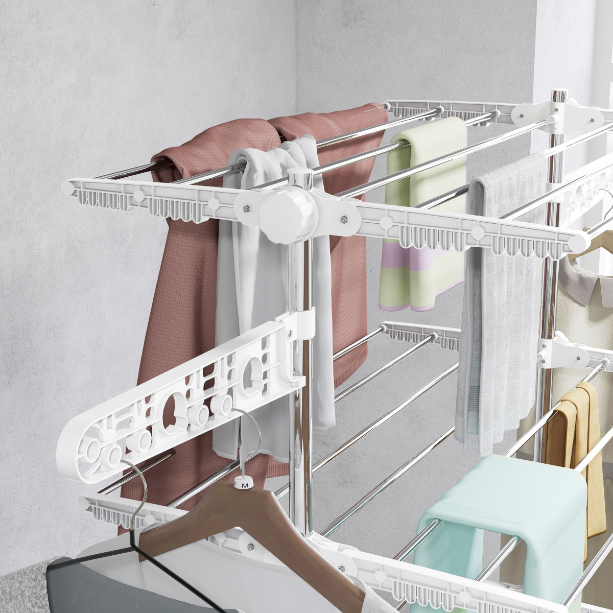 HOMCOM 4-Layer Folding Clothes Hanger Stand with Wheels, Adjustable Height, Foldable Indoor Clothes Rack