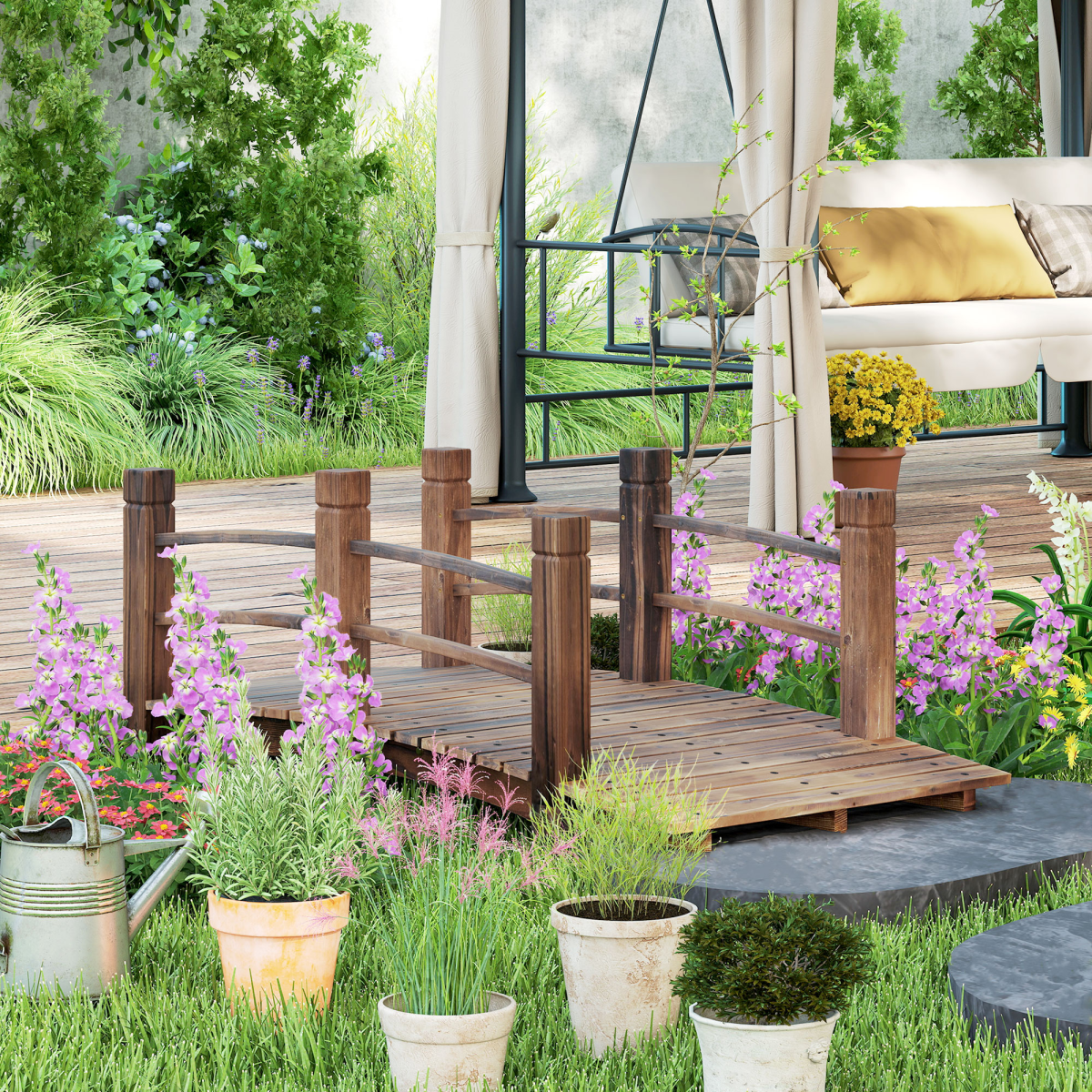 Outsunny Wooden Garden Bridge, Fir Wood, Stained Finish, Arch Design, Side Rails