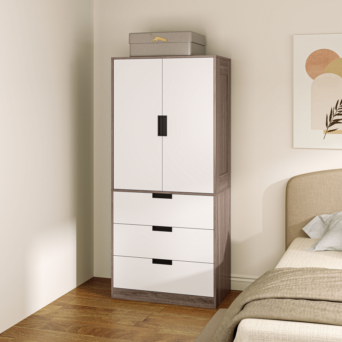 HOMCOM 2-Door Brown Wardrobe with 3 Drawers and Hanging Rod