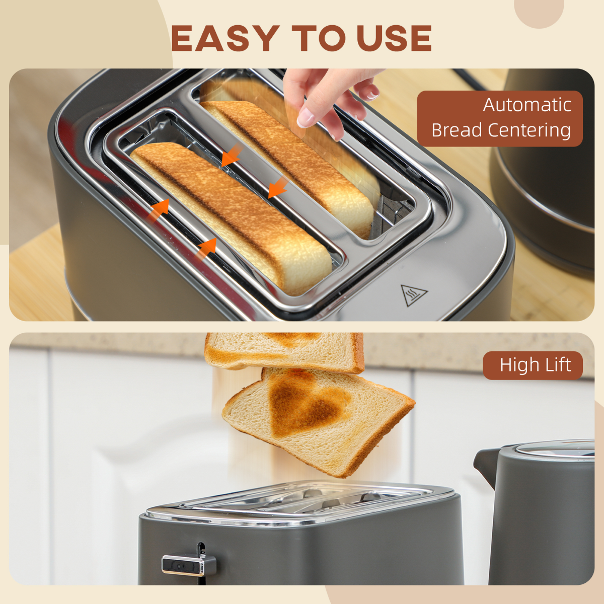 HOMCOM Grey 1.7L Fast Boil Kettle and 2-Slice Toaster Set
