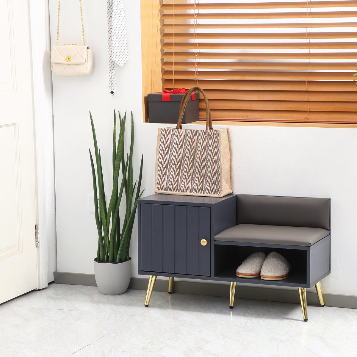 Shoe Bench with Storage Cabinet, Seating Cushion for Entryway Hallway Grey