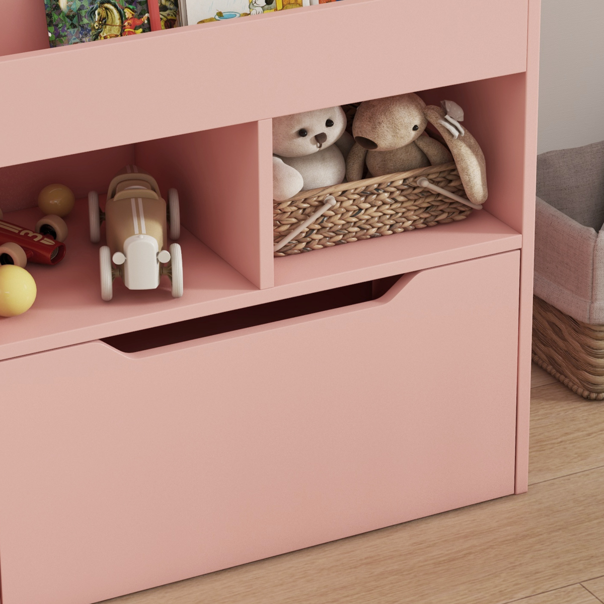 HOMCOM Kids Bookcase with Toy Storage, Drawer & Wheels, Pink